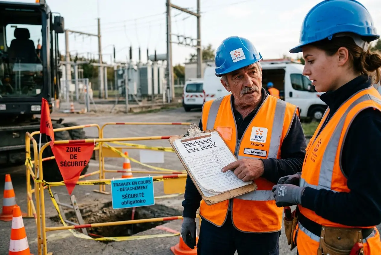 Deux travailleurs portant gilets et casques sur un chantier, l’un tient un carnet de sécurité et discute avec l’autre.