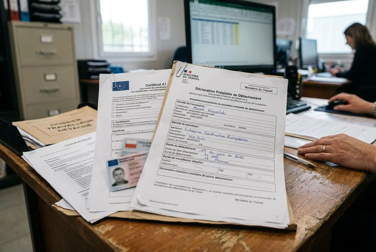 Documents obligatoires travailleur détaché: feuilles administratives et justificatifs sur une table, formation et mentions attestant le détachement.