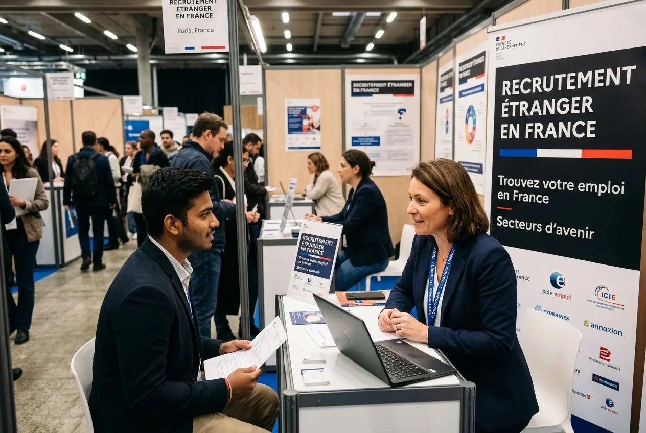 Des échanges lors d’un salon sur le recrutement d’étrangers en France, stand “RECRUTEMENT ÉTRANGER EN FRANCE” avec une conseillère et un candidat discutant près d’un ordinateur.