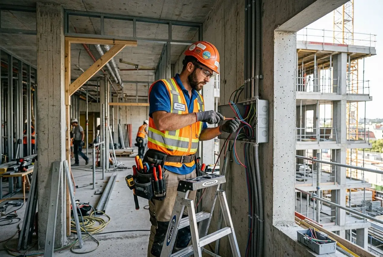 Électricien sur un chantier, casque et gilet de sécurité, travaillant sur tableau électrique avec outils, près d’un mur en construction. → fiche métier electricien