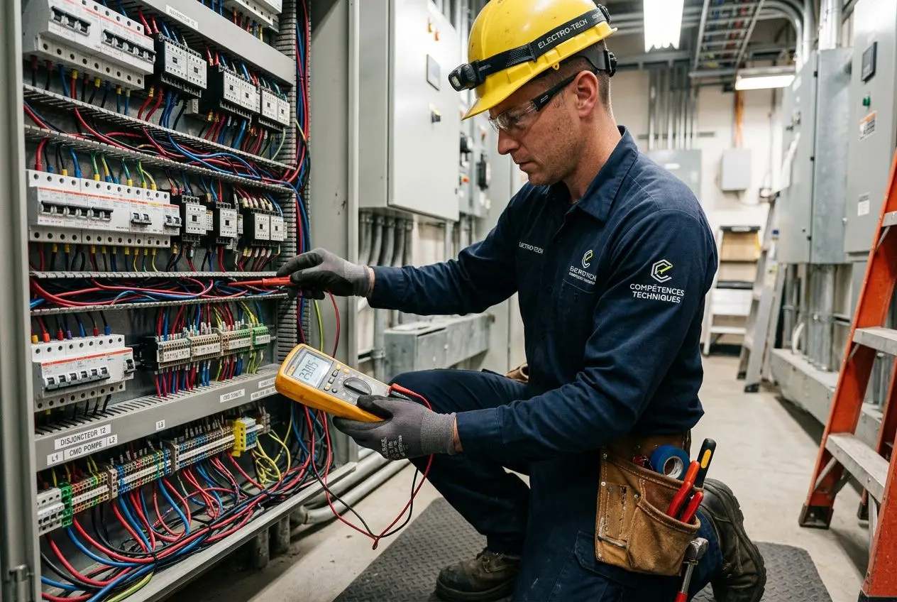 Électricien inspectant et testant un panneau électrique avec un multimètre dans une salle technique; outils à la ceinture et casque. Fiche métier electricien.