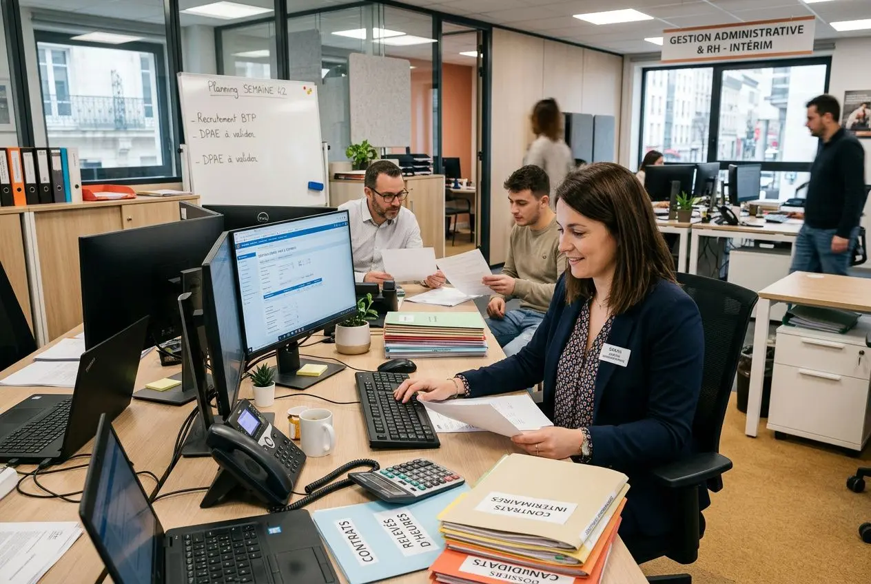 Équipe au bureau gérant la gestion administrative intérim entreprise: une femme souriante travaille sur l’ordinateur, entourée de documents et collègues en réunion.