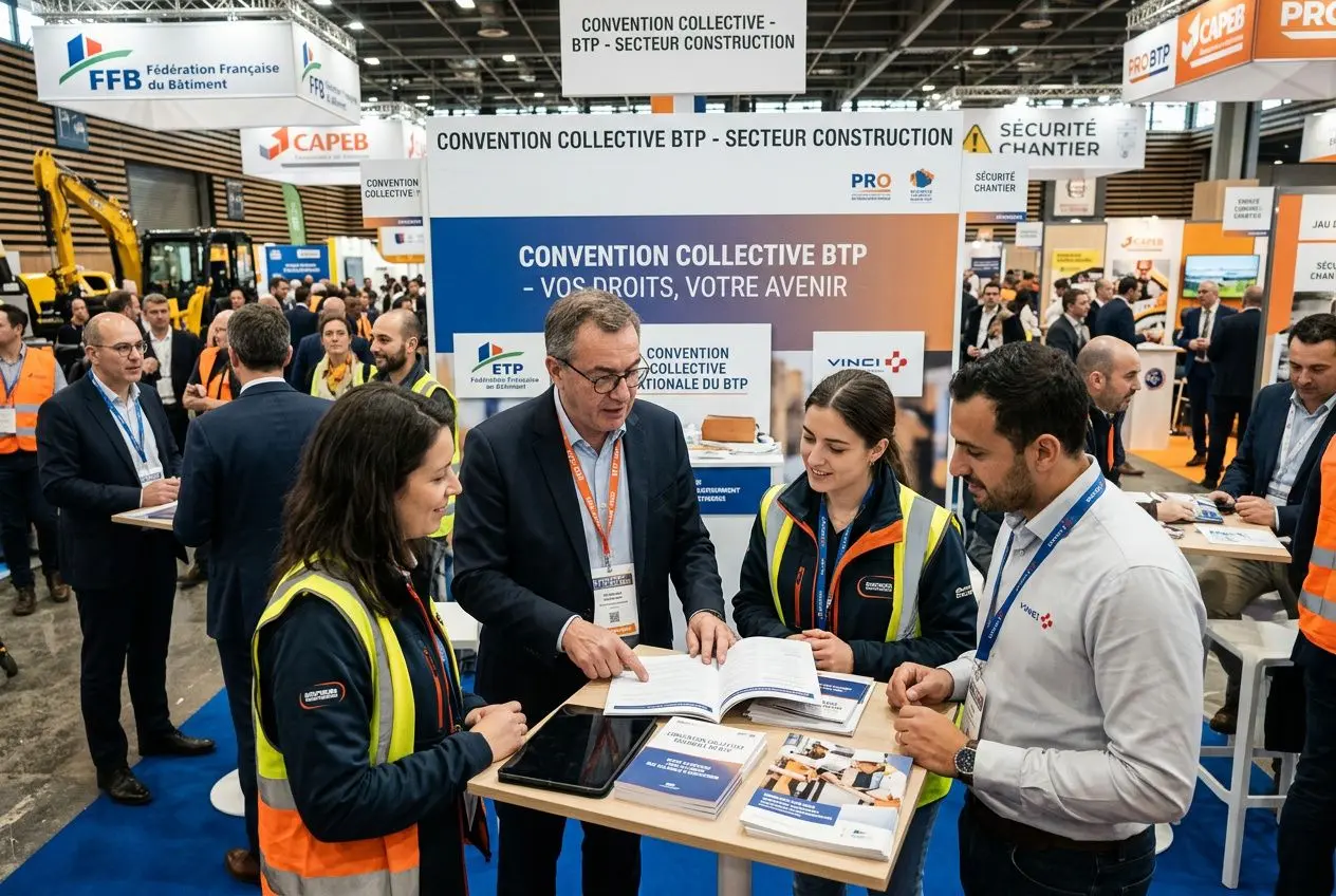 Groupe de professionnels en salon BTP discutant autour d’un carnet et d’un livret, avec affiche « Convention Collective BTP ». intégration du mot-clé: salaire ouvrier btp.
