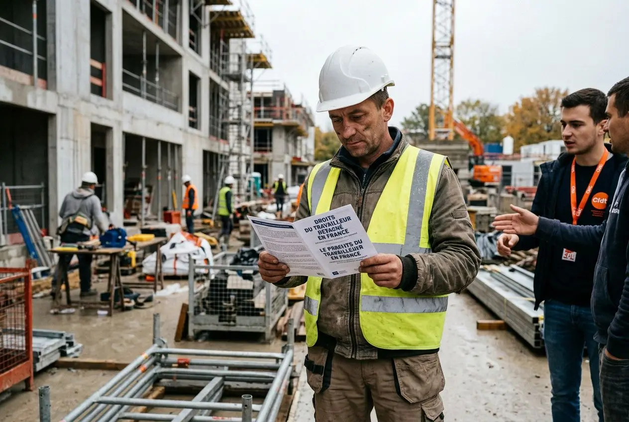 Homme en gilet jaune et casque lisant un livret sur un chantier de construction, avec d’autres ouvriers et des structures en béton autour.