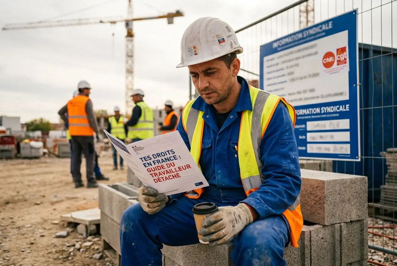 Homme salarié détaché lisant un livret sur ses droits sur un chantier de construction, avec casque et gilet orange.
