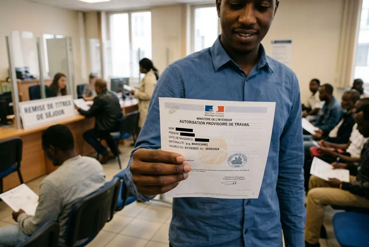 Un homme tient fièrement une autorisation provisoire de travail, dans une salle d’accueil avec d’autres demandeurs et guichets en arrière-plan. Contrat de travail France pour étranger, démarche et droits évoqués.
