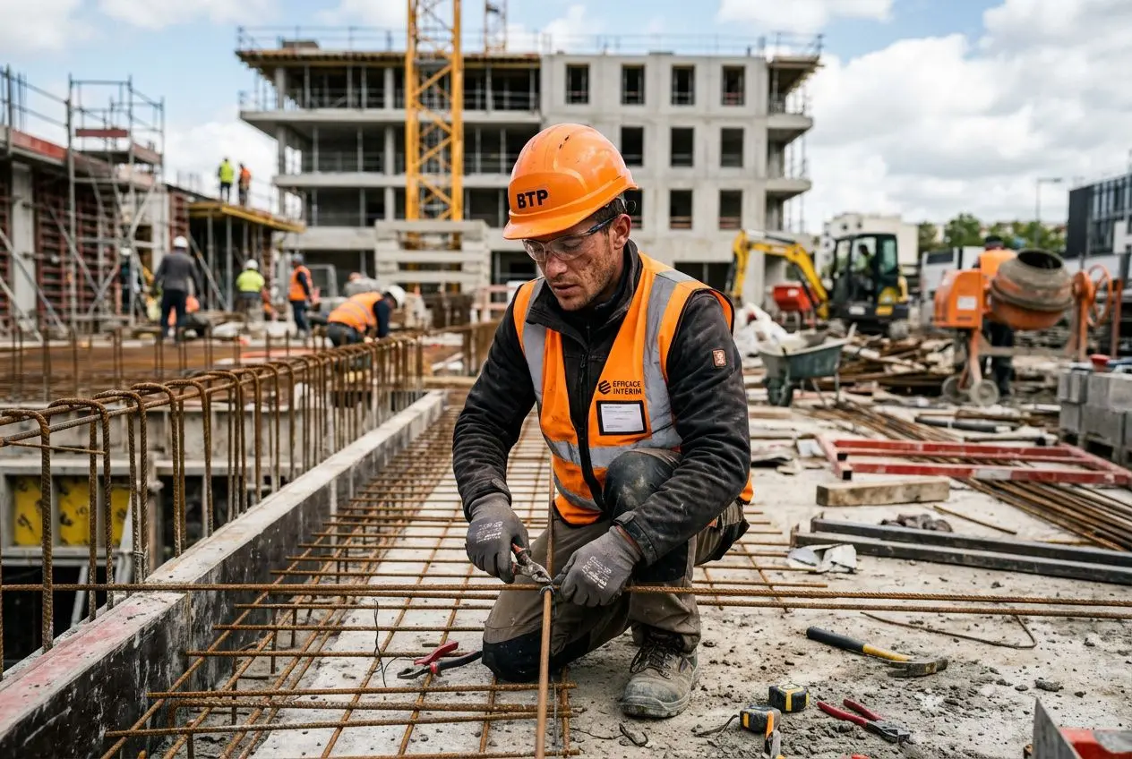 Ouvrier du BTP en casque orange et gilet fluorescent sur un chantier, travaillant sur des armatures en fer pour une dalle. Texte: coût main-d'œuvre btp étrangère.