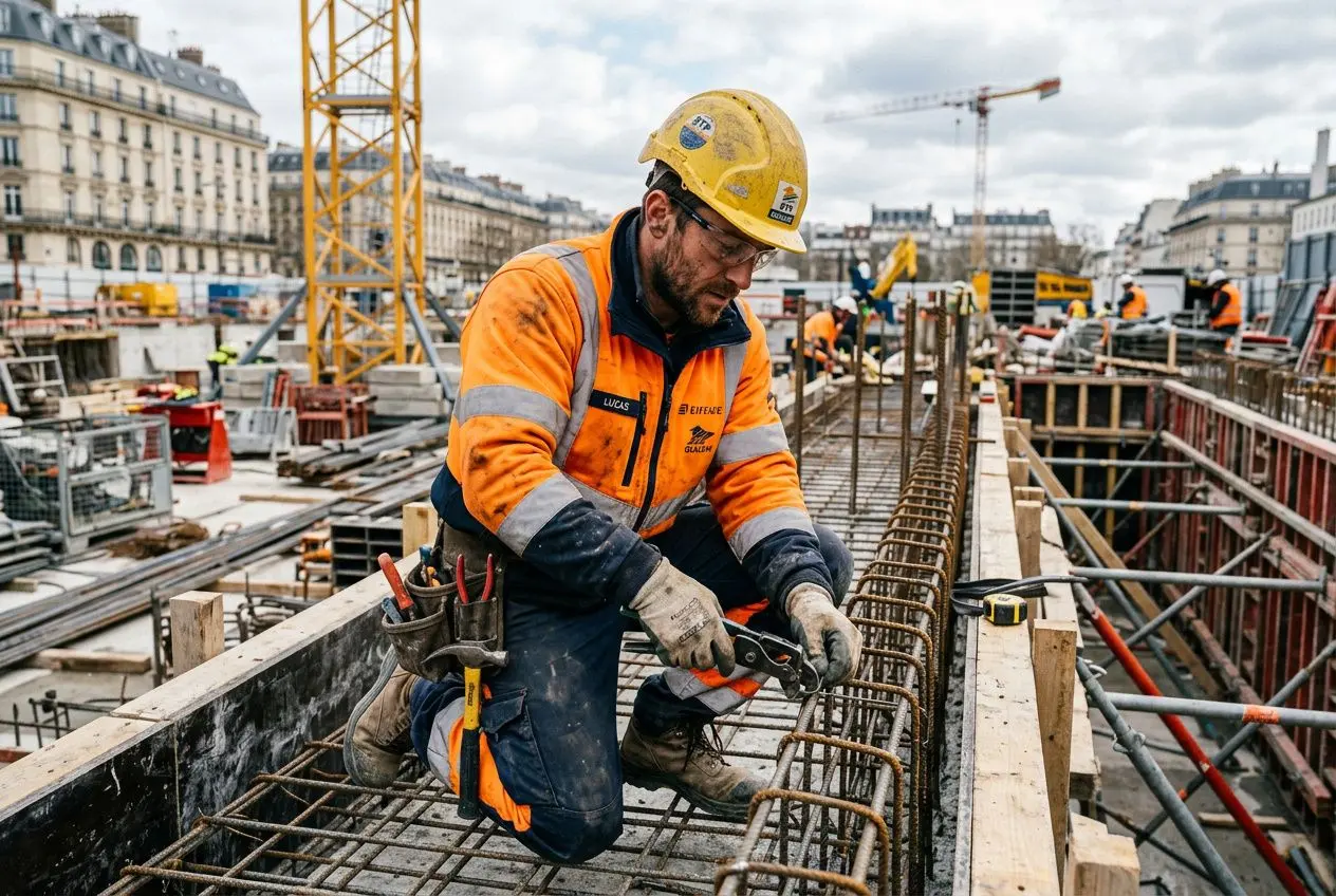 Ouvrier du BTP sur un chantier, casque jaune et combinaison orange, travaillant sur le ferraillage et les armatures en métal. salaire ouvrier btp.