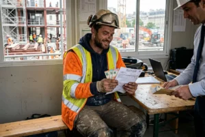 Ouvrier du BTP en gilet réfléchissant orange, souriant en tenant des billets et des documents dans une cabane de chantier, contremaître à côté. Inclut le cadre de la grille salariale et le contexte conventionnel.