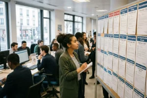 Personne consultante un tableau d’offres d’emploi sur un mur affiché, dans un espace de coworking animé. intégrer le mot-clé: trouver travail en europe naturellement dans la description.