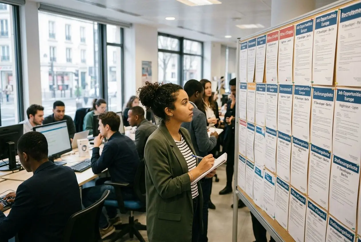 Personne consultante un tableau d’offres d’emploi sur un mur affiché, dans un espace de coworking animé. intégrer le mot-clé: trouver travail en europe naturellement dans la description.