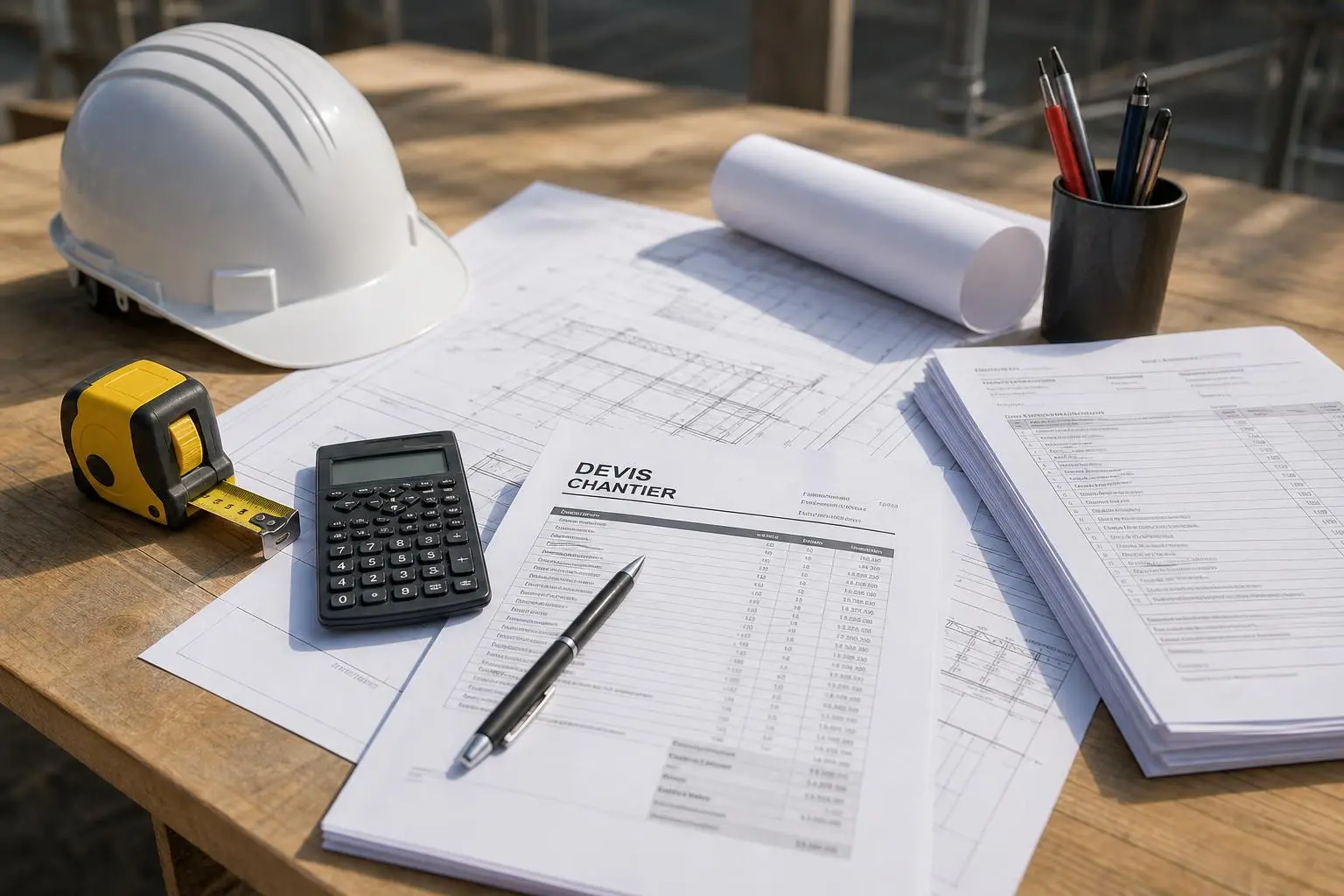 Plan de travail sur chantier: calculatrice, mètre, carnet de devis et casque, prêt pour évaluer le coût main-d'œuvre btp étrangère.