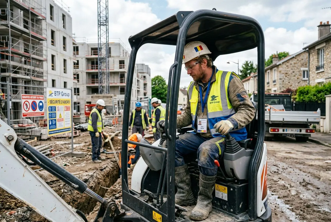 Travailleur sur une mini-pelle sur un chantier, porteur d’un casque et gilet fluorescent; activité de construction en cours.