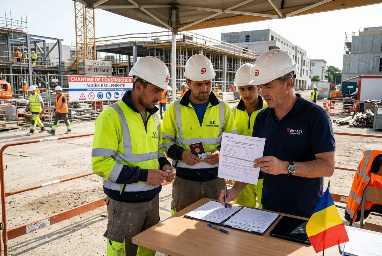 Trois travailleurs en casques et gilets lumineux examinent des documents à une table sur un chantier, drapeau roumain et pancarte “Chantier de construction” en arrière-plan. intégrer le mot-clé: comment embaucher travailleur détaché.