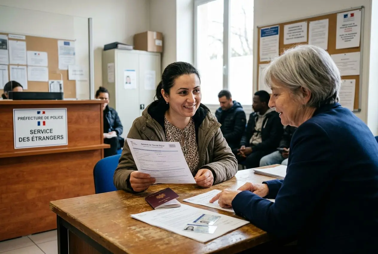 Two individuals seated at a desk in a government office, one showing a document to the other, with a sign reading “SERVICE DES ÉTRANGERS” in the background.