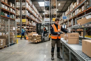 Agent en entrepôt effectuant des contrôles sur des colis, au milieu de rayonnages et d’un chariot élévateur, pour l’intérim logistique.