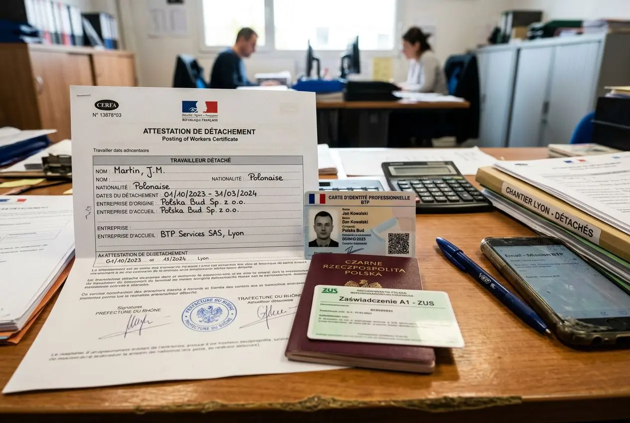 Attestation de détachement et documents d'identité sur un bureau : fiche de poste, contrat et cartes professionnelles pour travailleurs détachés droits légaux entourés de fournitures de bureau.