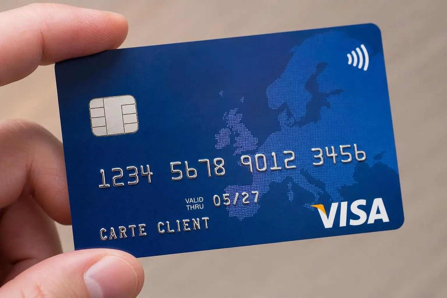 Carte bleue européenne en France: badge visa bleue sur fond bleu avec motif monde, montrant la carte client Visa et puce.