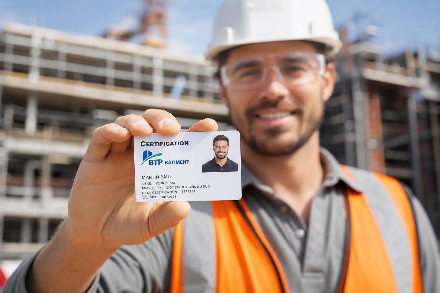 Carte d’identification “Certification BTP” tenue par un ouvrier sur un chantier de bâtiment en arrière-plan.