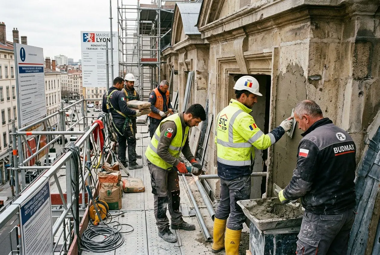 Chantier de rénovation avec plusieurs travailleurs sur échafaudage, portant casques et gilets de sécurité, effectuant des travaux de maçonnerie et revêtement le long d’un bâtiment en façade. travailleurs détachés france europe