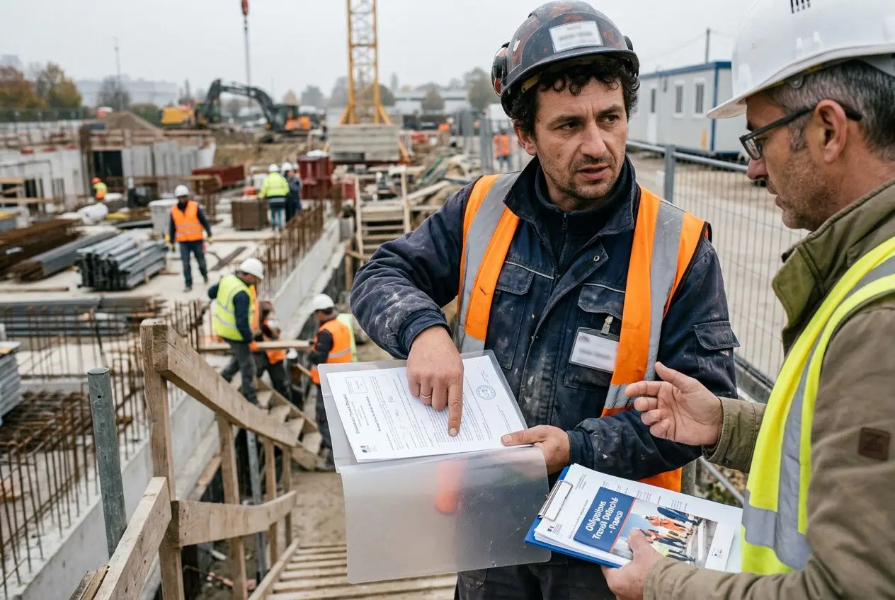 Deux ouvriers sur un chantier de construction, l’un montre des documents à l’autre, casques et gilets de sécurité orange.