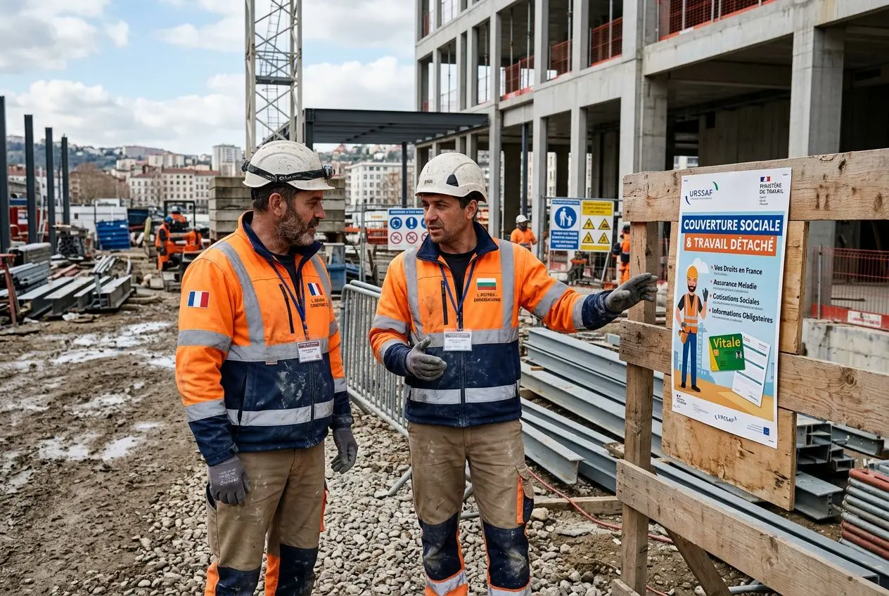 Deux travailleurs du chantier, en gilet orange et casque, discutent près d’un panneau « couverture sociale & travail détaché » sur un site de construction.