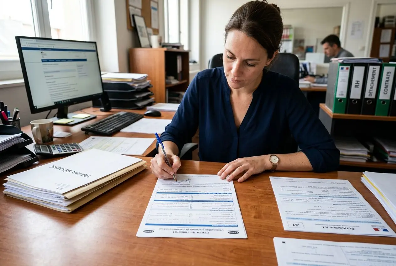 Employée remplissant des documents administratifs sur un bureau, travail détaché et couverture sociale à l’écran.