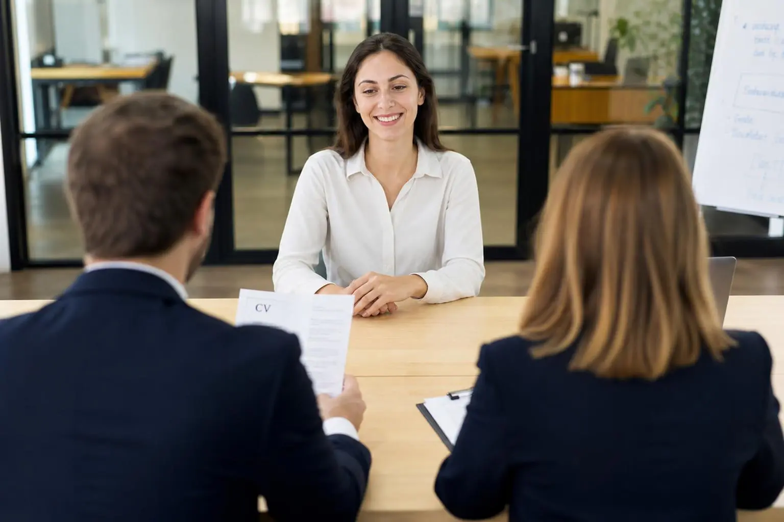 Entretien d'embauche en agence d'intérim: une femme souriante répond à deux candidats autour d'une table, CV en main. processus recrutement intérim rapide.