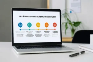 Les étapes du recrutement en intérim affichées sur un ordinateur portable sur un bureau, concept de processus recrutement intérim rapide.