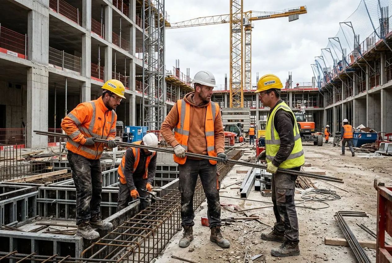 Groupe d’intérimaires roumains en construction bâtiment sur un chantier, portant casques et gilets de sécurité, manipulant des armatures.