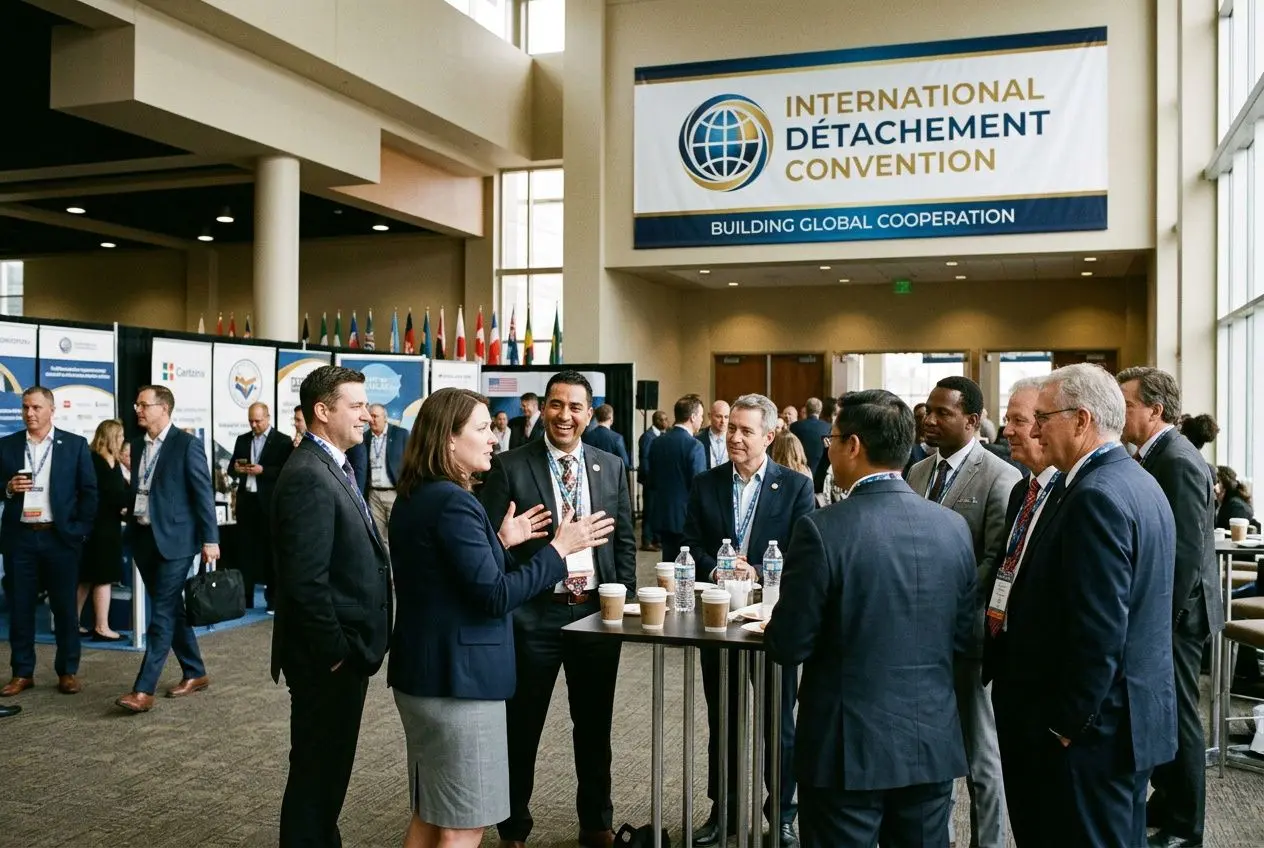 Groupe de professionnels en discussion autour d’un comptoir lors d’un événement international, le panneau "International Détachement Convention" en arrière-plan. Présences mixtes, échanges et badges d’identification. intégration du mot-clé: couverture sociale travail détaché naturelle dans la description.