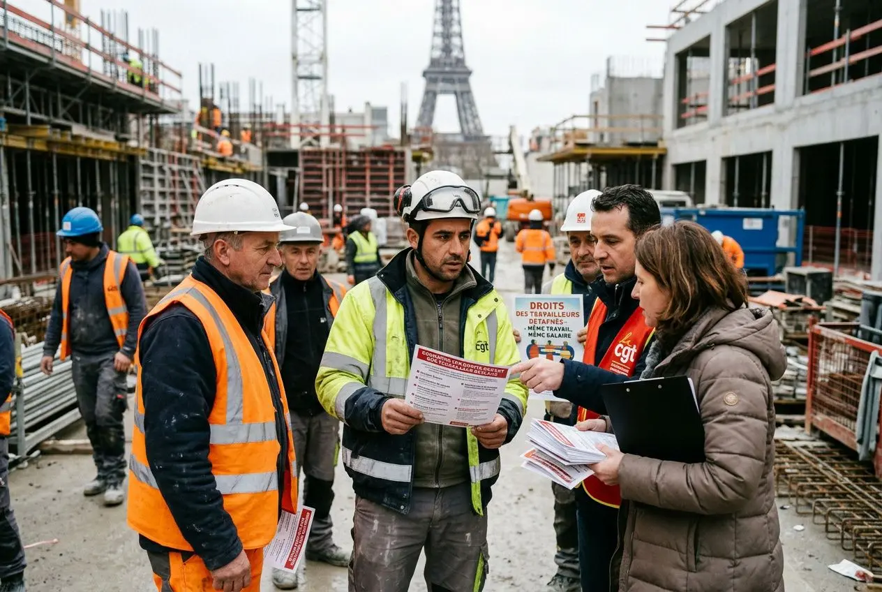 Groupe de travailleurs sur un chantier, échange de documents et explications, avec Tour Eiffel en arrière-plan, portant des gilets de sécurité, illustration des travailleurs détachés droits légaux.