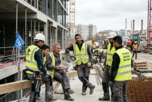 Groupe de travailleurs détachés droits légaux sur un chantier; six ouvriers en gilets jaunes discutent autour d’un plan, sous la surveillance d’un responsable.
