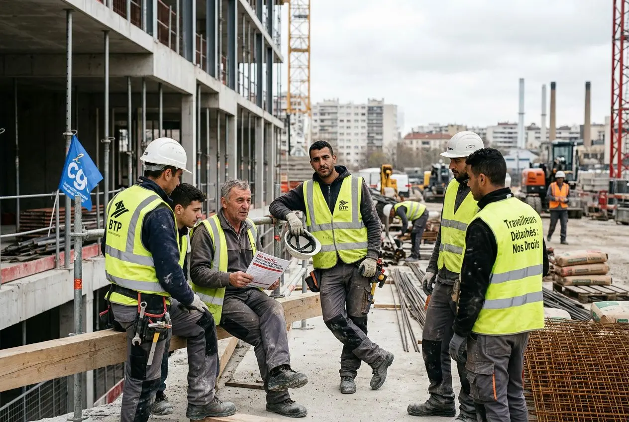 Groupe de travailleurs détachés droits légaux sur un chantier; six ouvriers en gilets jaunes discutent autour d’un plan, sous la surveillance d’un responsable.