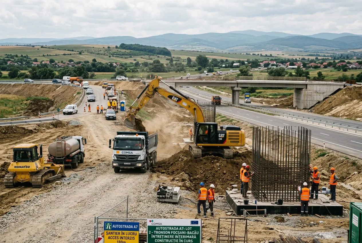 Grue et excavatrice sur chantier routier, travailleurs en sécurité orange, roulement de terre et fond montagneux. Intérim construction roumanie france.