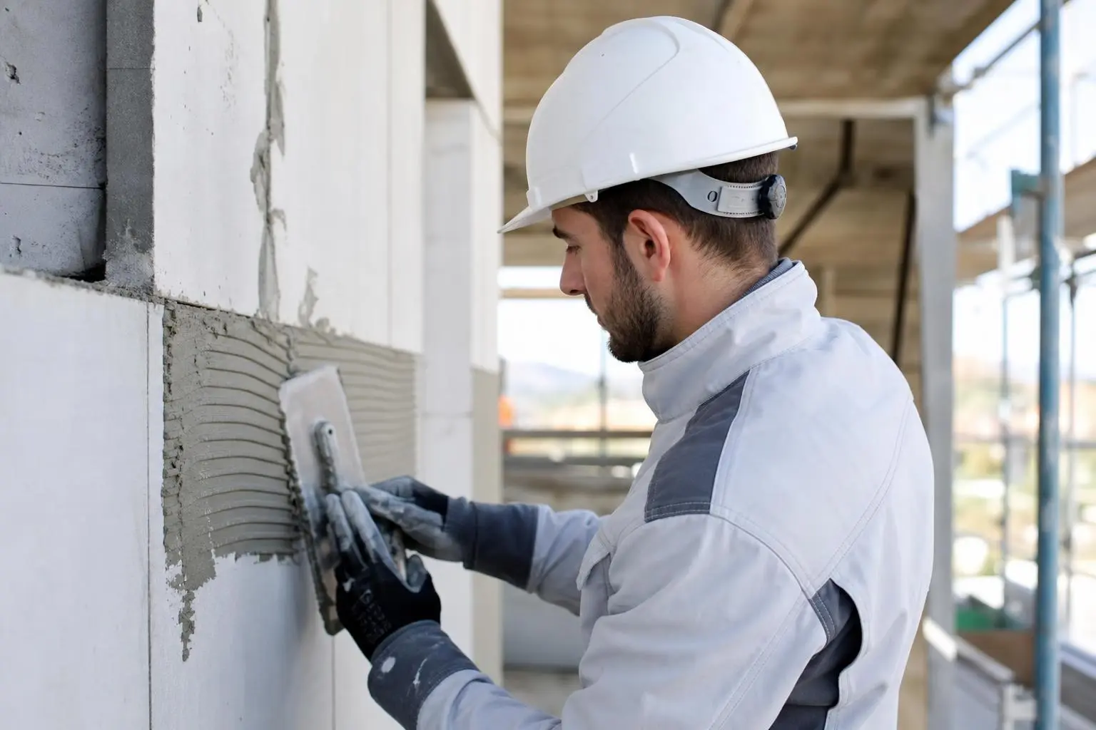 Homme en casque blanc et gants, posé sur un chantier, applique du mortier sur un mur à l’aide d’une spatule. Formation BTP reconversion intégrée.