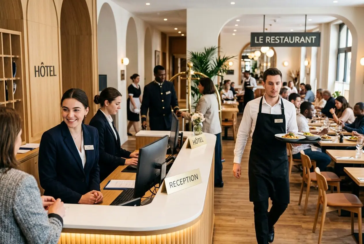 Hôtel accueillant avec réceptionniste souriante au comptoir : client et personnel en service dans le restaurant, ambiance professionnelle et chaleureuse. recrutement hôtellerie restauration