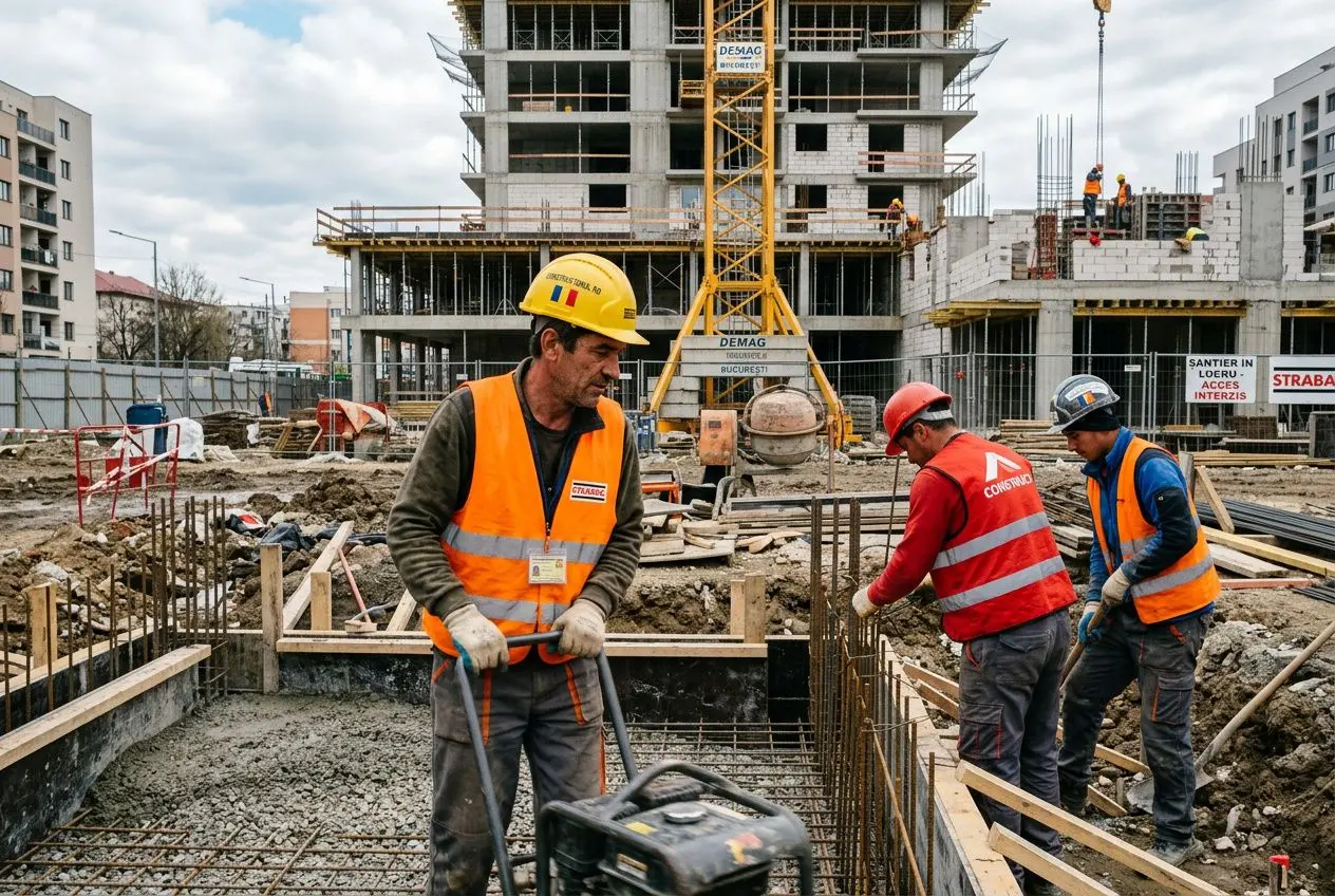 Intérimaires roumains construction bâtiment sur un chantier: ouvriers en gants et casques orange, bétonnage et structures en béton en cours de réalisation.