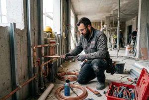 Plombier au travail sur un chantier, mesurant et raccordant des tuyaux en cuivre dans une pièce en construction. Fiche métier plombier intégrée.