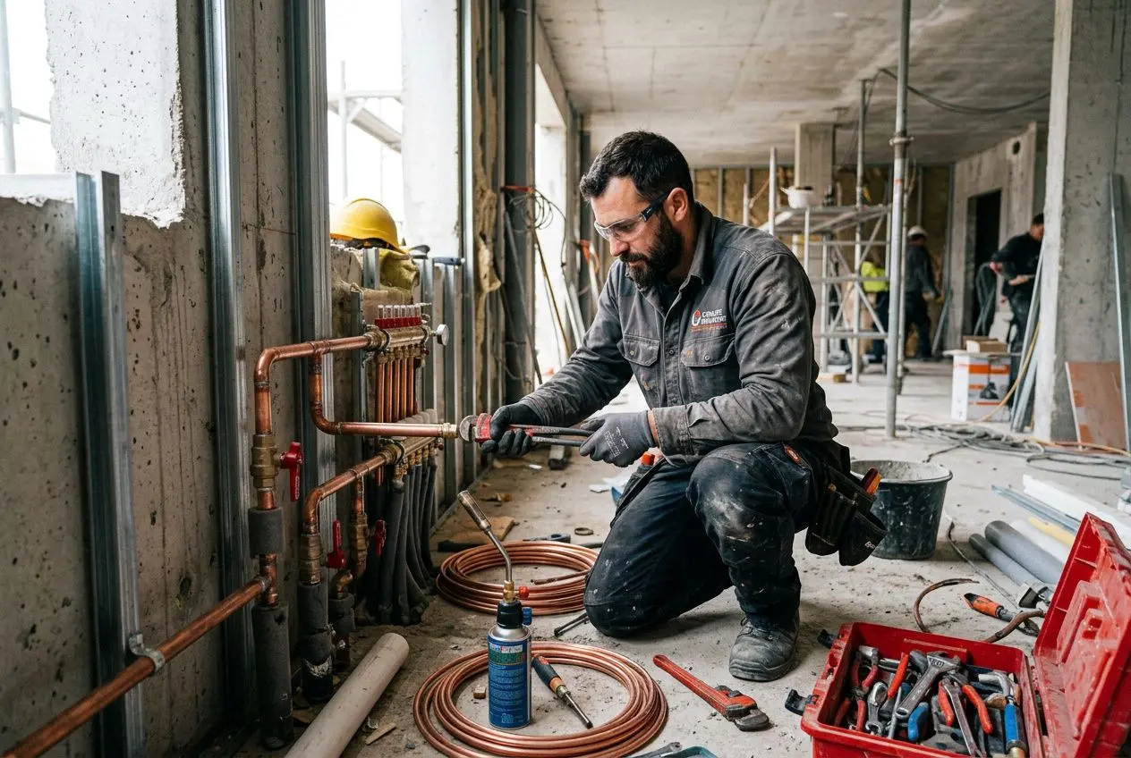 Plombier au travail sur un chantier, mesurant et raccordant des tuyaux en cuivre dans une pièce en construction. Fiche métier plombier intégrée.