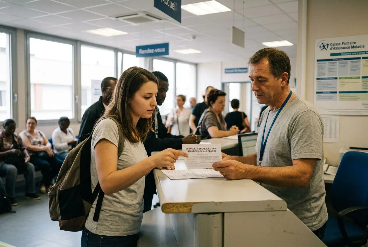 Remorqueur et jeune femme au guichet de service, échange de documents dans une agence, accueil et file d'attente. Travailleurs détachés france europe en contexte administratif.