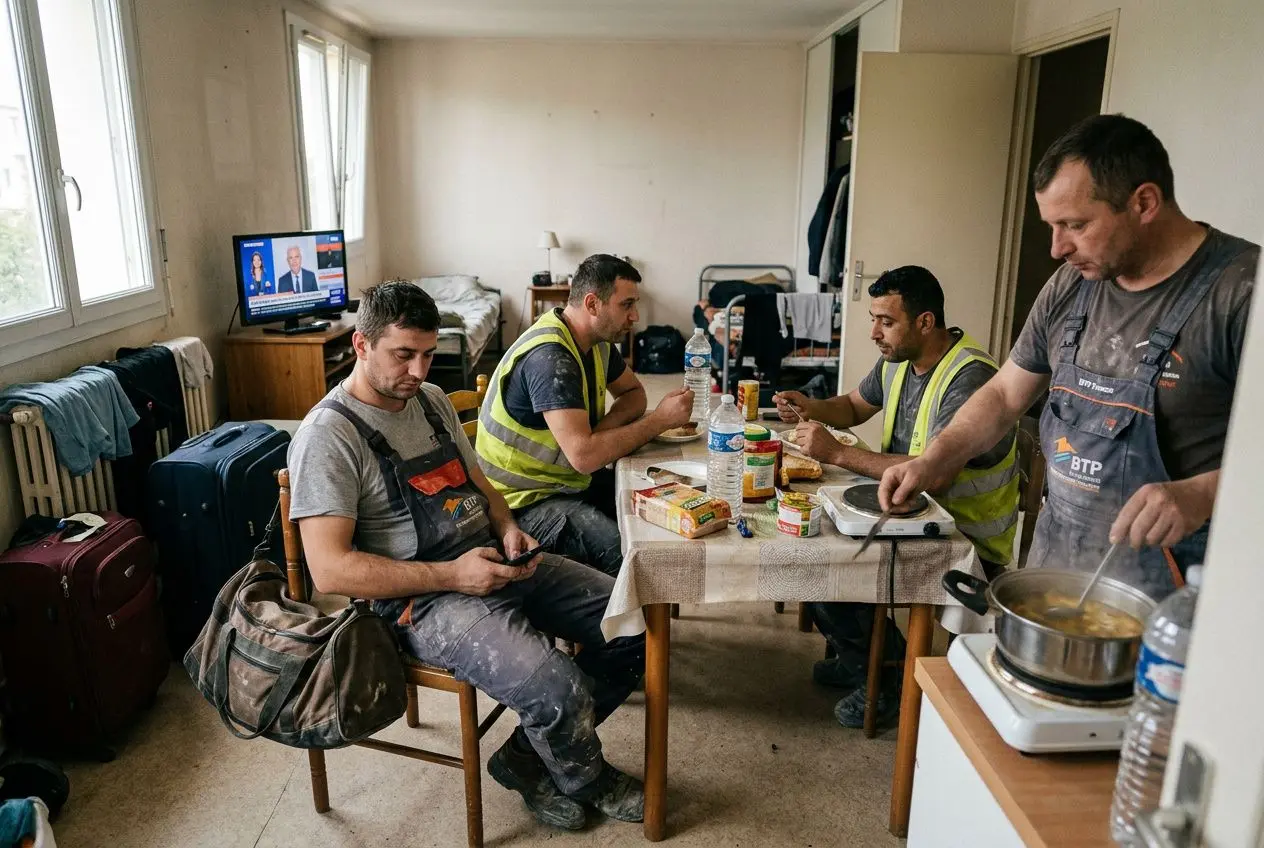 Salariés détachés autour d’une table, repas et boisson sur fond de petit bureau et télévision, ambiance de chantier. (Note: intégré le thème "obligation employeur travail détaché" de manière fluide.)