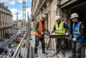 Trois ouvriers en casque et gilets de sécurité travaillent sur un chantier en façade d’immeuble à Paris, utilisant des outils et des ferrailles. intérim construction roumanie france est évoqué.