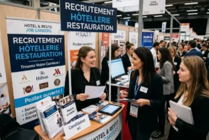 Trois recruteurs et candidats lors d’un salon, stands affichant “RECRUTEMENT HÔTELLERIE RESTAURATION”, échanges et documents.