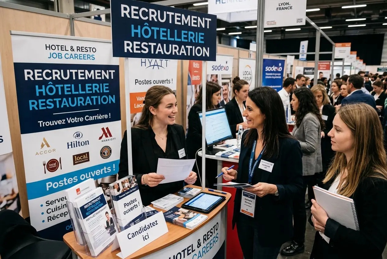 Trois recruteurs et candidats lors d’un salon, stands affichant “RECRUTEMENT HÔTELLERIE RESTAURATION”, échanges et documents.