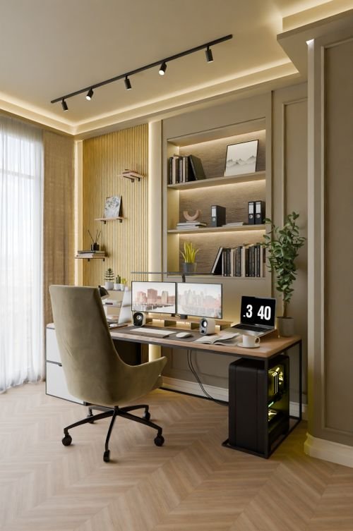 Bureau moderne et lumineux avec bureau en bois, chaise ergonomique, étagères éclairées, ordinateur double écrans et écran numérique affichant 3:40, ambiance chaleureuse. pourquoi les roumains viennent travailler en france intégrée naturellement?