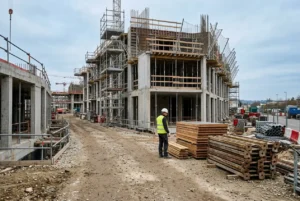 Chantier de construction BTP avec structure en béton et scaffolding, ouvrier en casque et gilet jaune inspectant les lieux, piles de bois et matériaux à proximité.