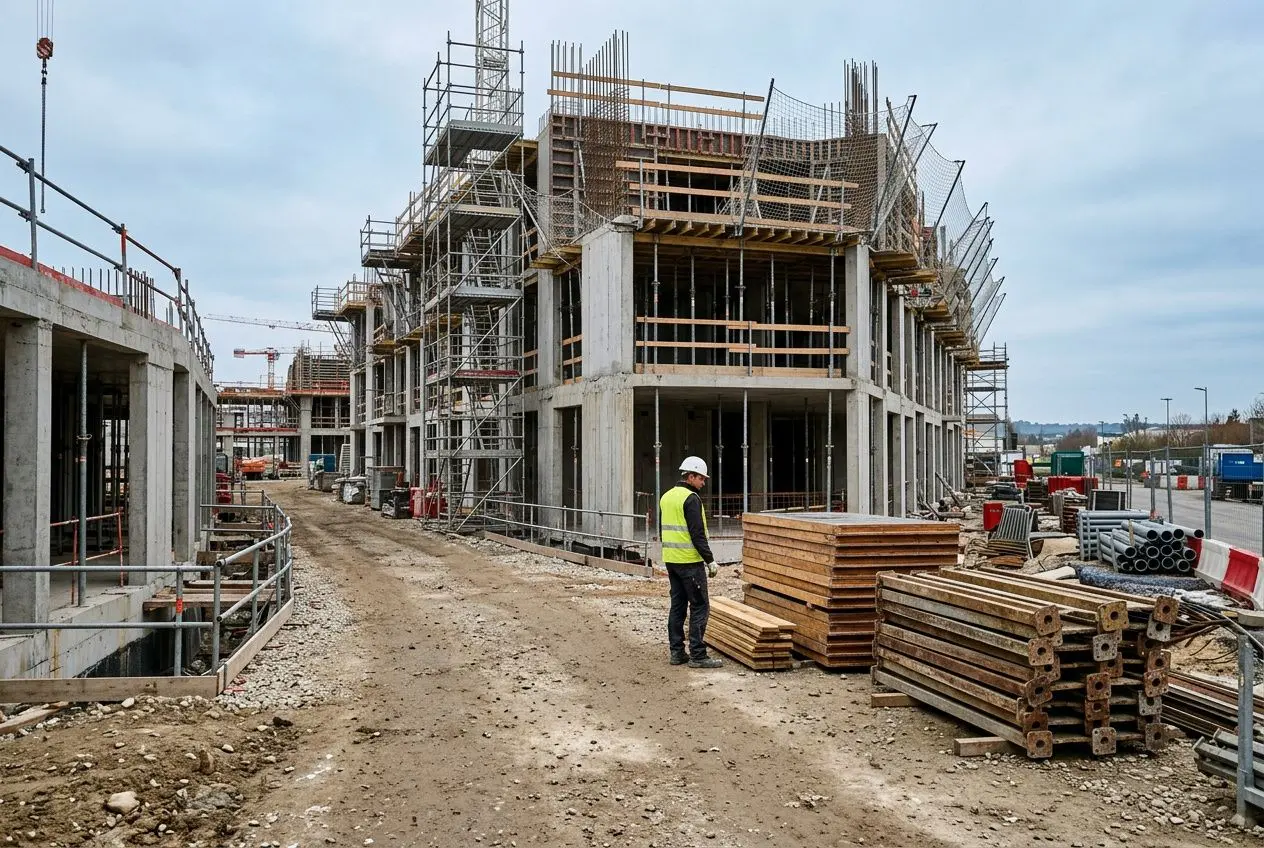 Chantier de construction BTP avec structure en béton et scaffolding, ouvrier en casque et gilet jaune inspectant les lieux, piles de bois et matériaux à proximité.