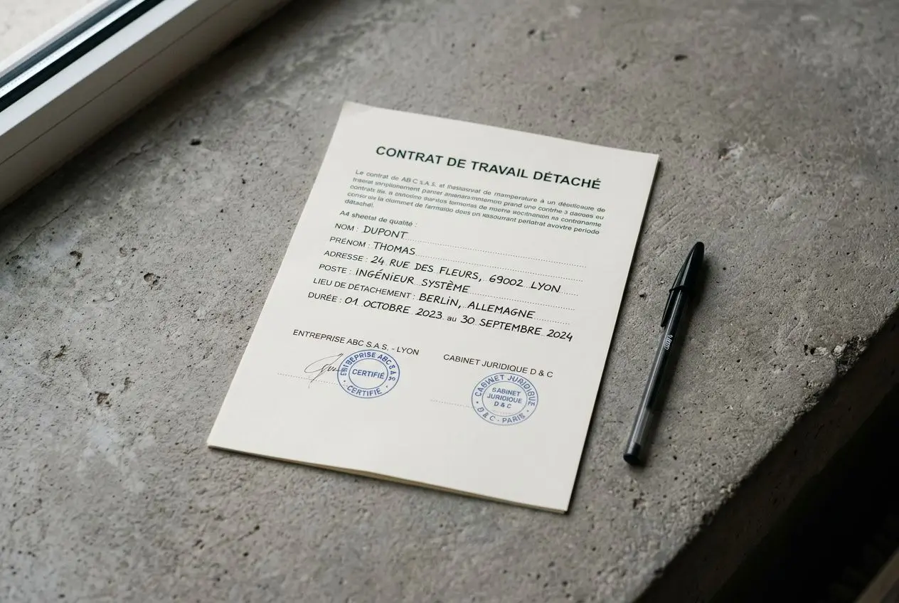 Contrat de travail détaché posé sur une surface grisée avec stylo noir à côté, document officiel prêt à signer.