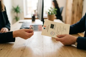 Deux mains échangent des documents officiels et une carte d’identité sur une table en bois, symbolisant une procédure pour embaucher un salarié étranger en France.